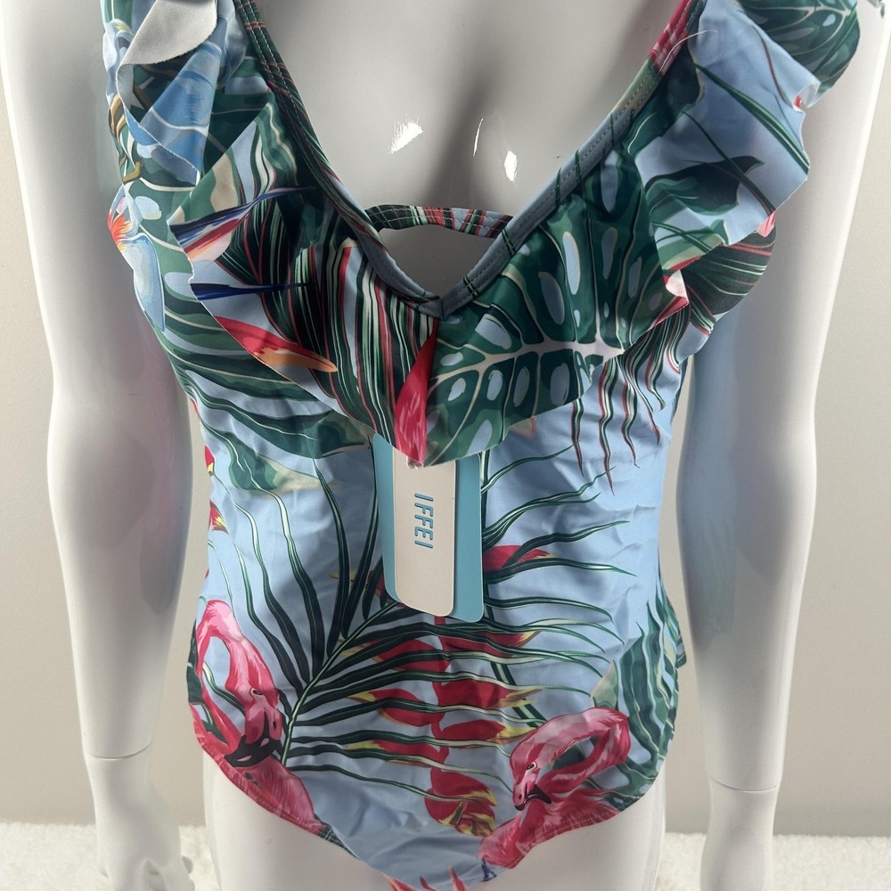 IFFEI Swimsuit Womens XL Multicolor Flamingo Ruffle One Piece Tropical Beach - Picture 12 of 16